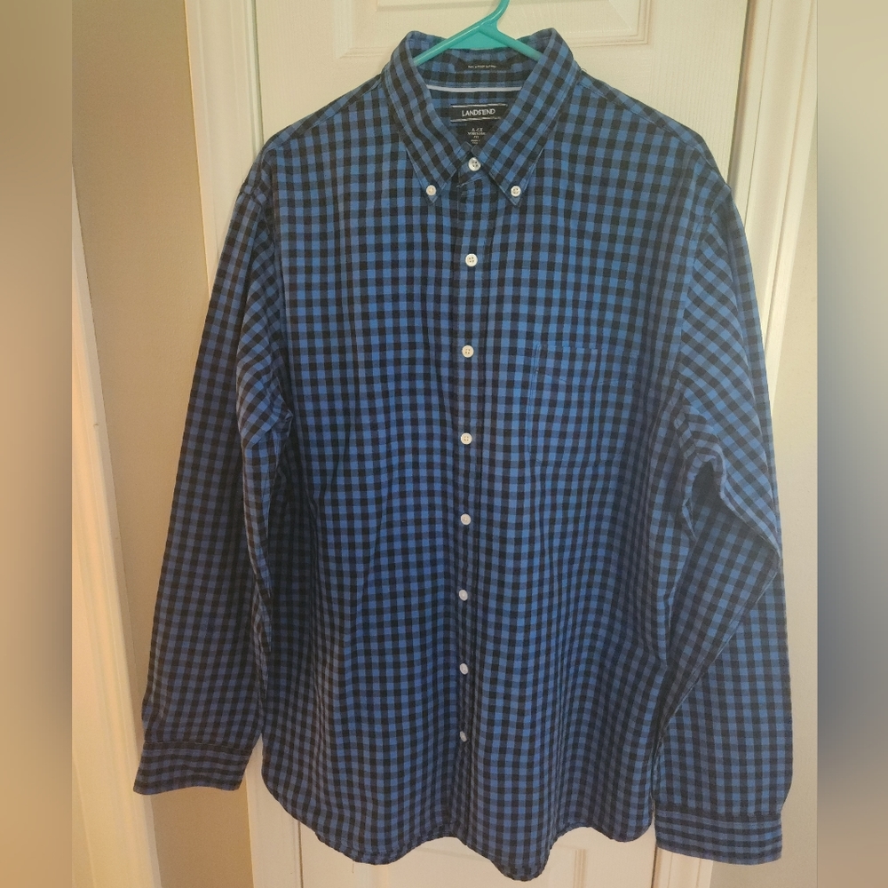 Lands' End Men's Button Down Long Sleeve Blue/Black Plaid Large Tall 16-16 1/2 - Picture 1 of 4